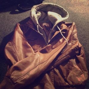 Leather jacket with hoodie on inside